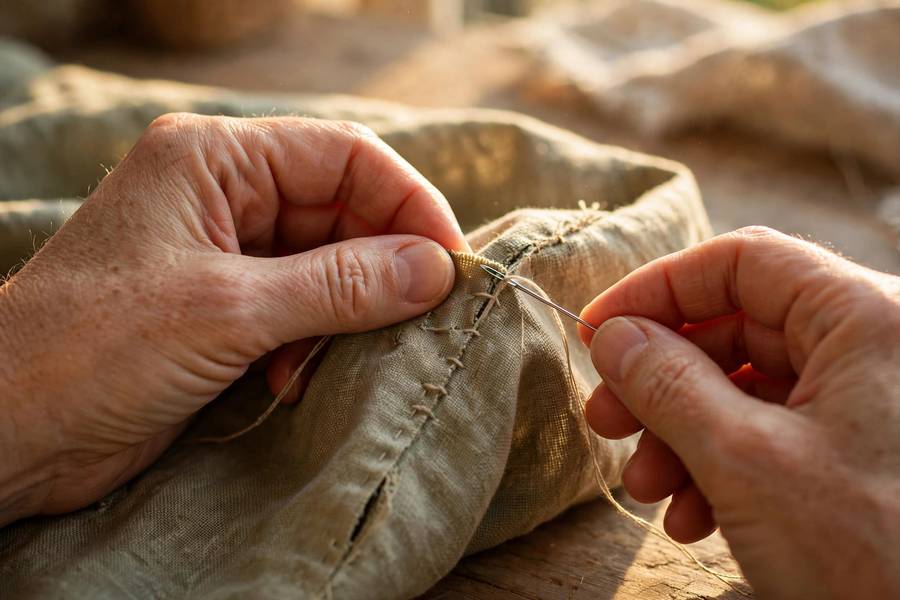 Hands mending clothes representing simple living skills