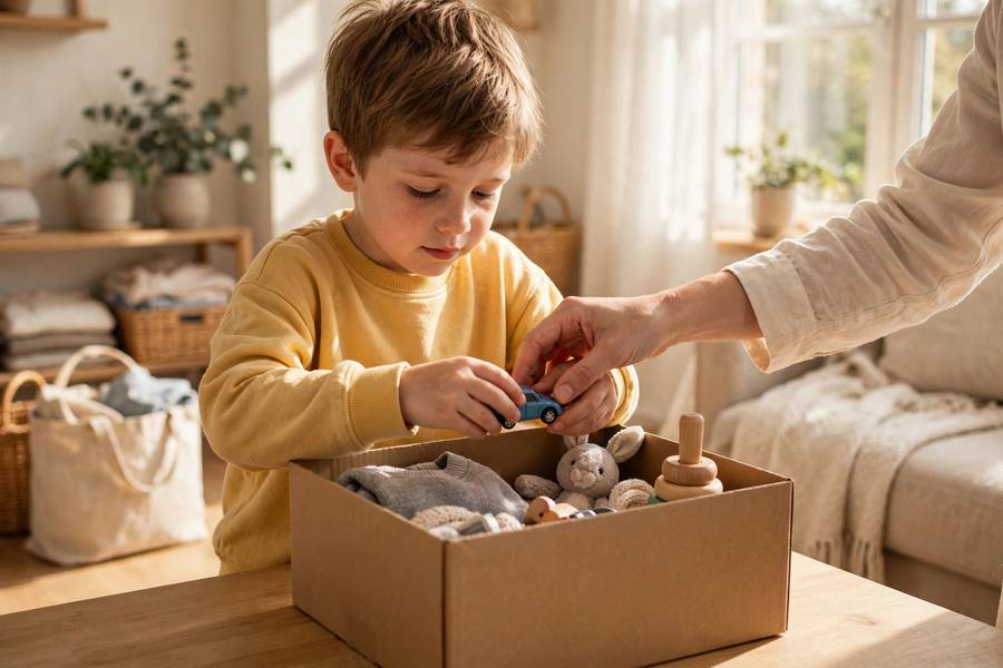 Child choosing toys to donate into a box with parent