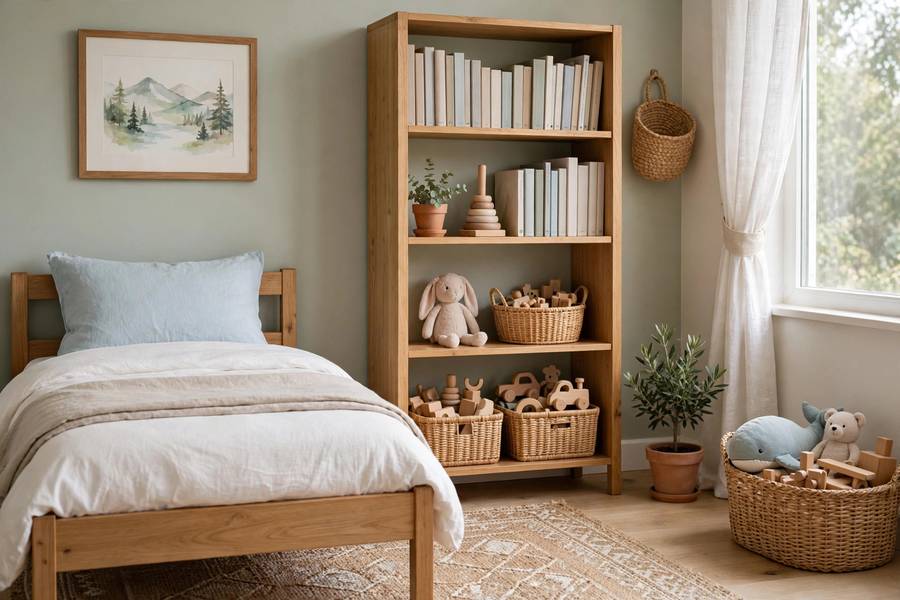 Neat kids bedroom with simple bedding and organized toys