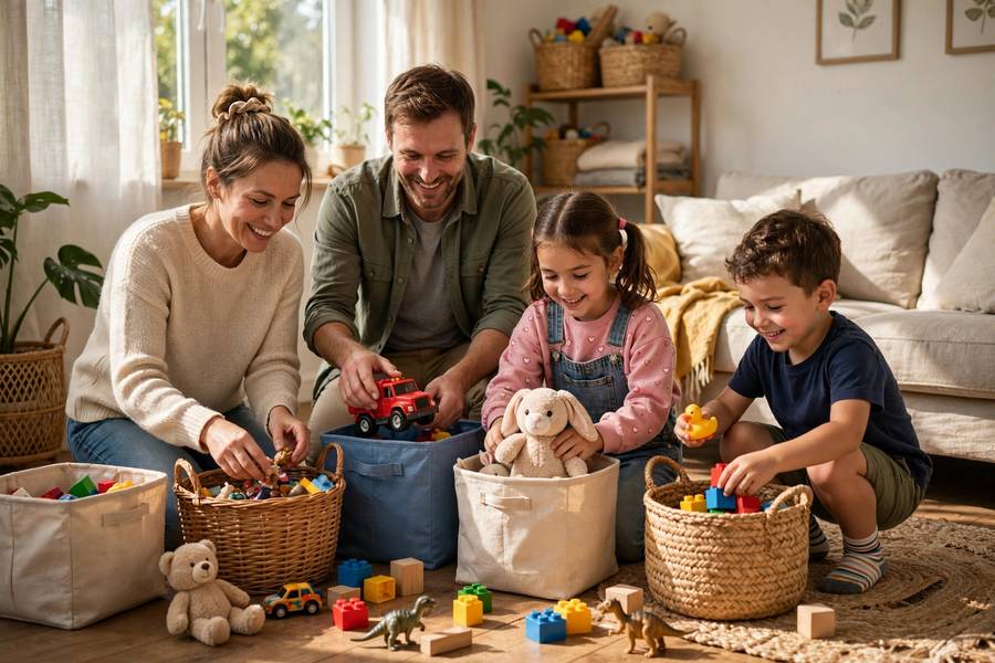 Family doing a quick toy cleanup together in living room
