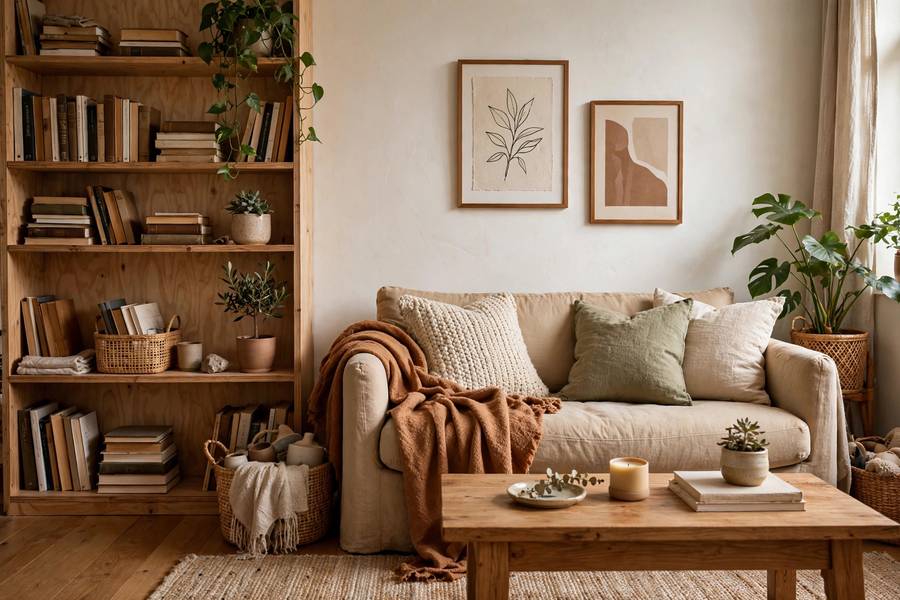 Real minimalist living room with plants books and personality