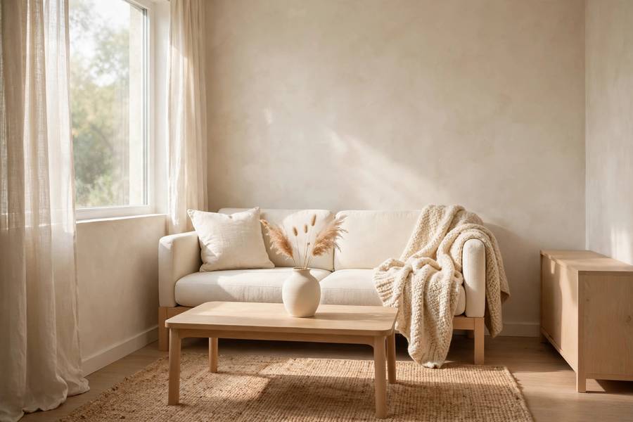 Warm minimalist small apartment living room with cream tones, light wood, and natural textures