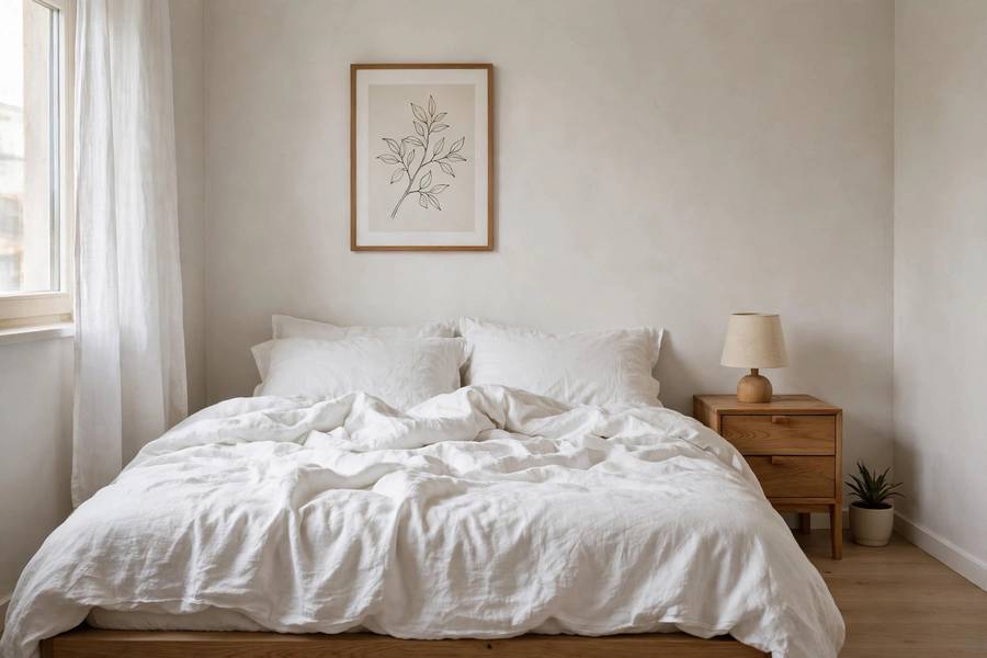 Serene minimalist small bedroom with platform bed, white linen, and one art print