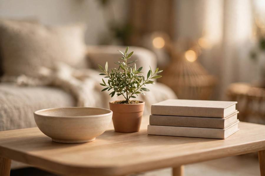Minimalist coffee table styled with three objects: ceramic bowl, small plant, and books