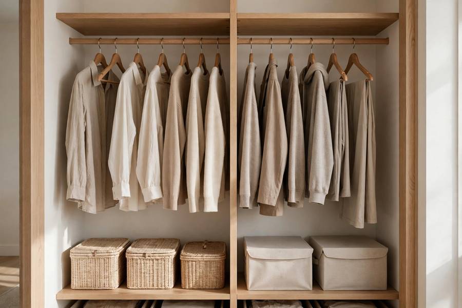 Neatly organized minimalist wardrobe with neutral clothing and storage boxes in a closet