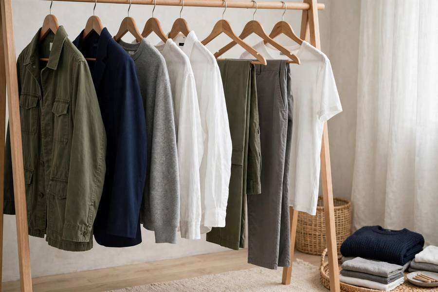 Minimalist capsule wardrobe with coordinated neutral clothing
