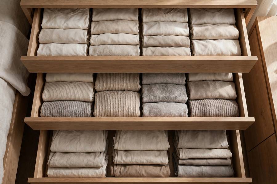 Neatly folded minimalist wardrobe basics in drawers