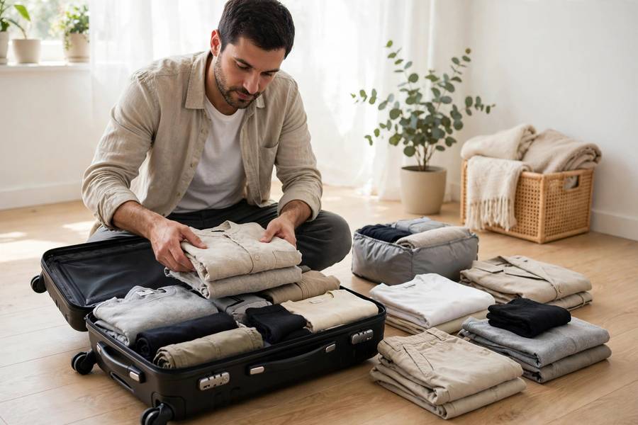 Person packing a small suitcase with versatile wardrobe pieces