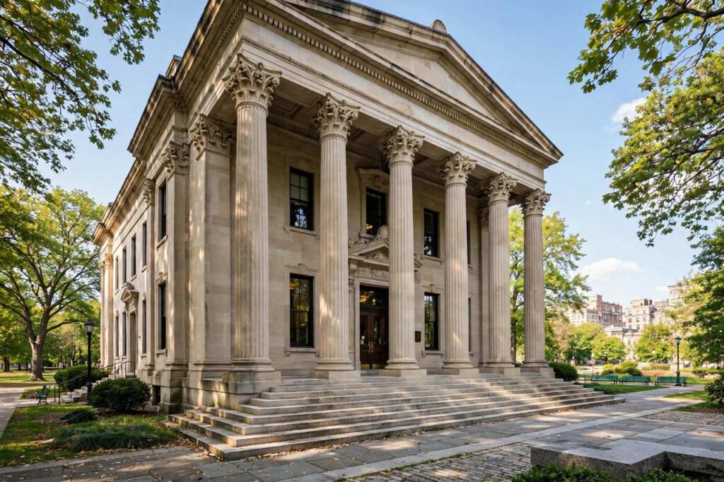 Exterior of a classical courthouse building with stone columns