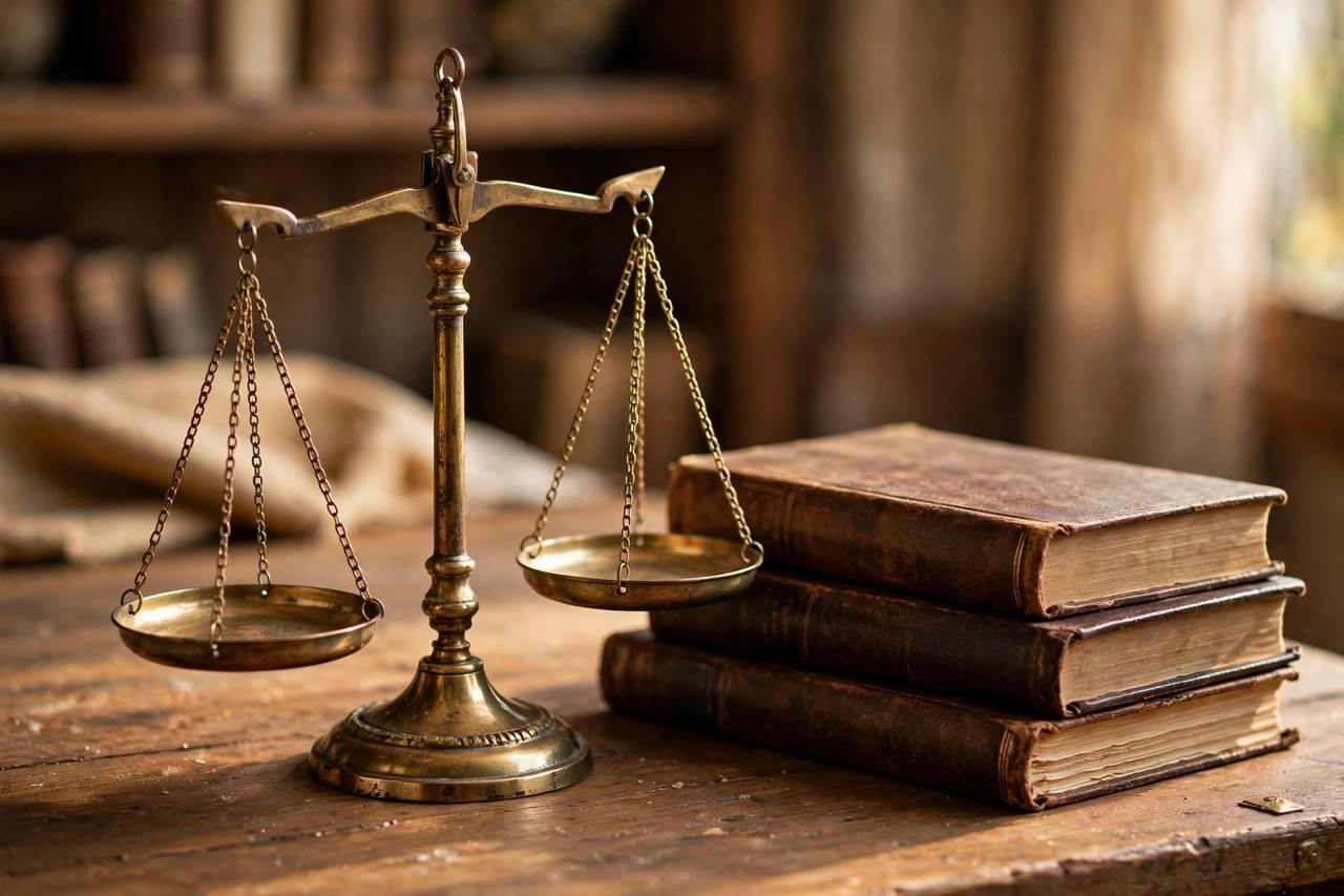Scales of justice and law books on a wooden desk