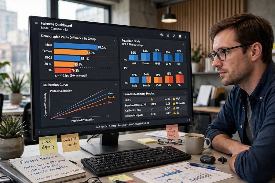 Engineer reviewing fairness charts while working on mitigating AI bias