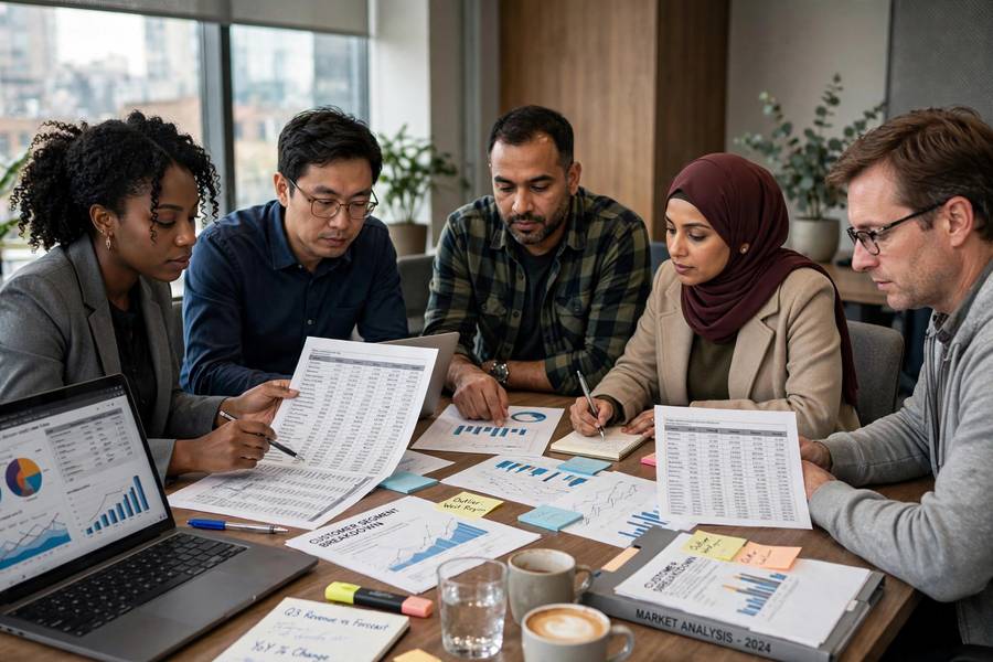 Diverse team examining data tables as part of mitigating AI bias