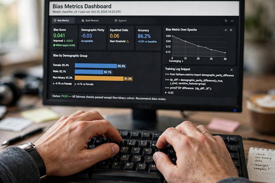 Developer typing code next to a bias metrics dashboard for mitigating AI bias