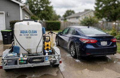 Mobile car wash service cleaning a sedan in a driveway