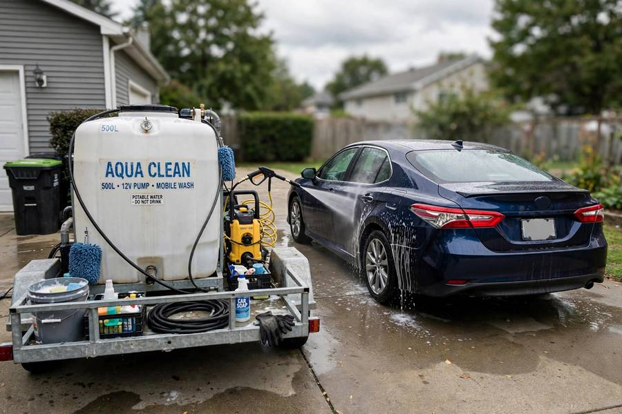 Mobile car wash service cleaning a sedan in a driveway