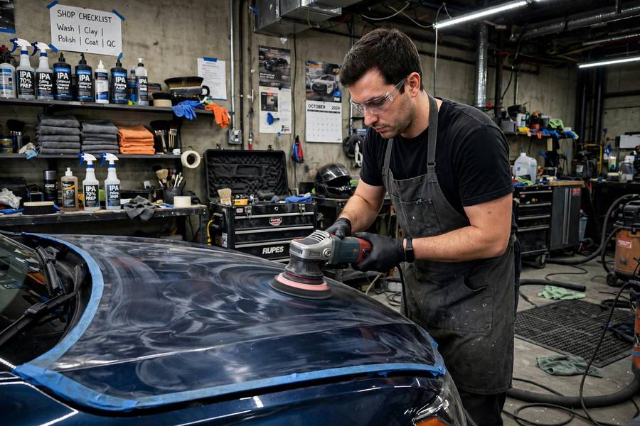 Professional detailing with paint correction in a shop