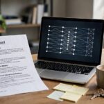 Model card document on a desk beside a laptop showing a neural network diagram