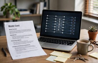 Model card document on a desk beside a laptop showing a neural network diagram
