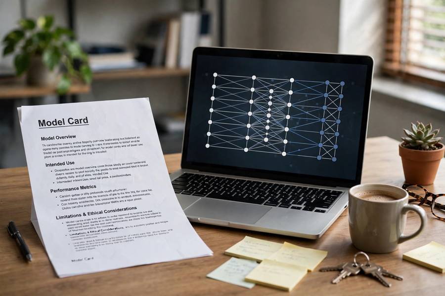 Model card document on a desk beside a laptop showing a neural network diagram