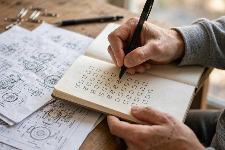 Hands writing model documentation in a notebook with technical documents nearby