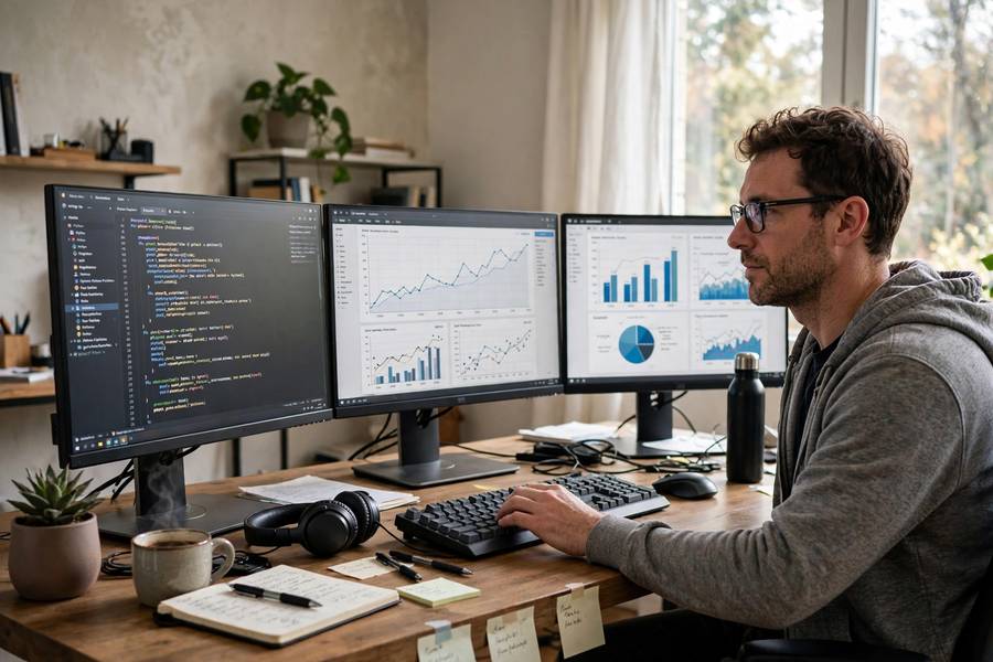 Software engineer documenting a model at a desk with multiple monitors