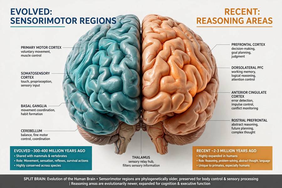 Brain regions illustrating why sensorimotor skills predate abstract reasoning in Moravec's paradox