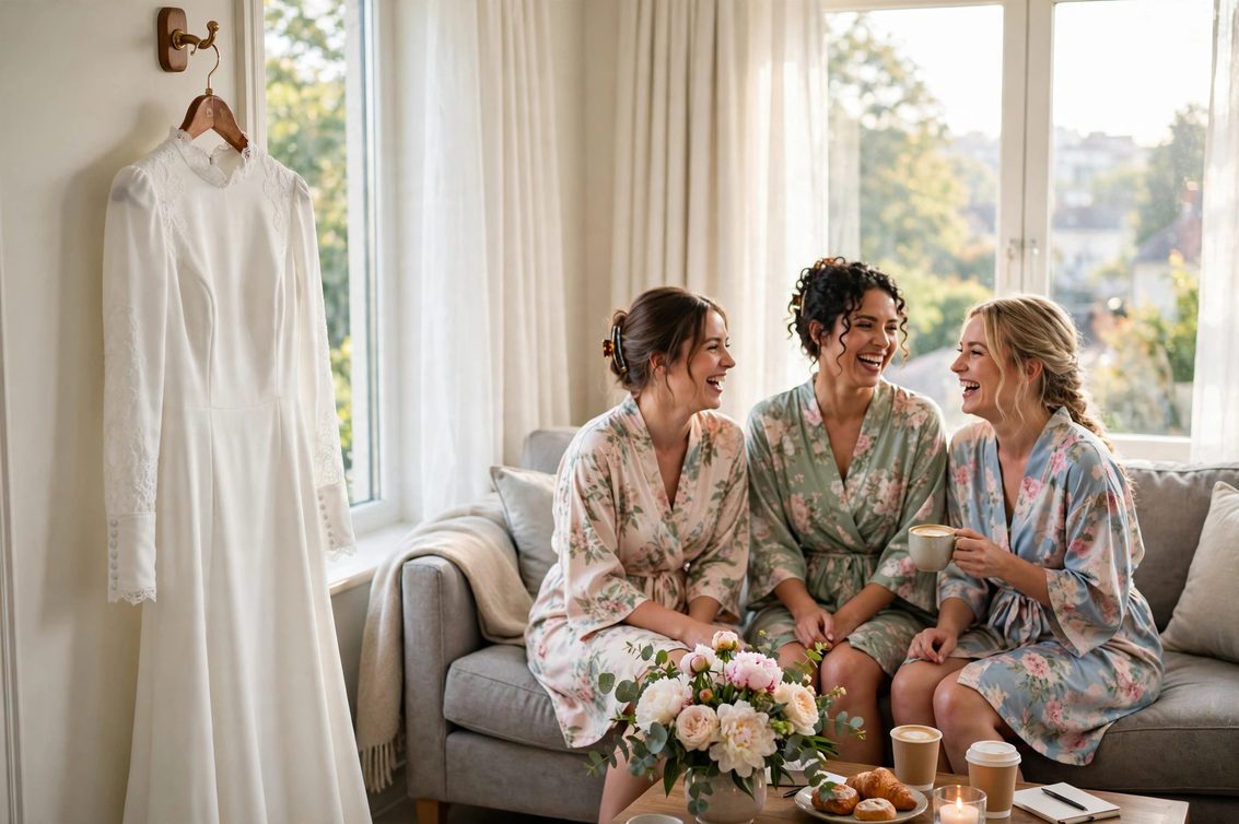 Long-sleeved white wedding gown on a hanger with bridesmaids in modest floral robes laughing in a bright suite