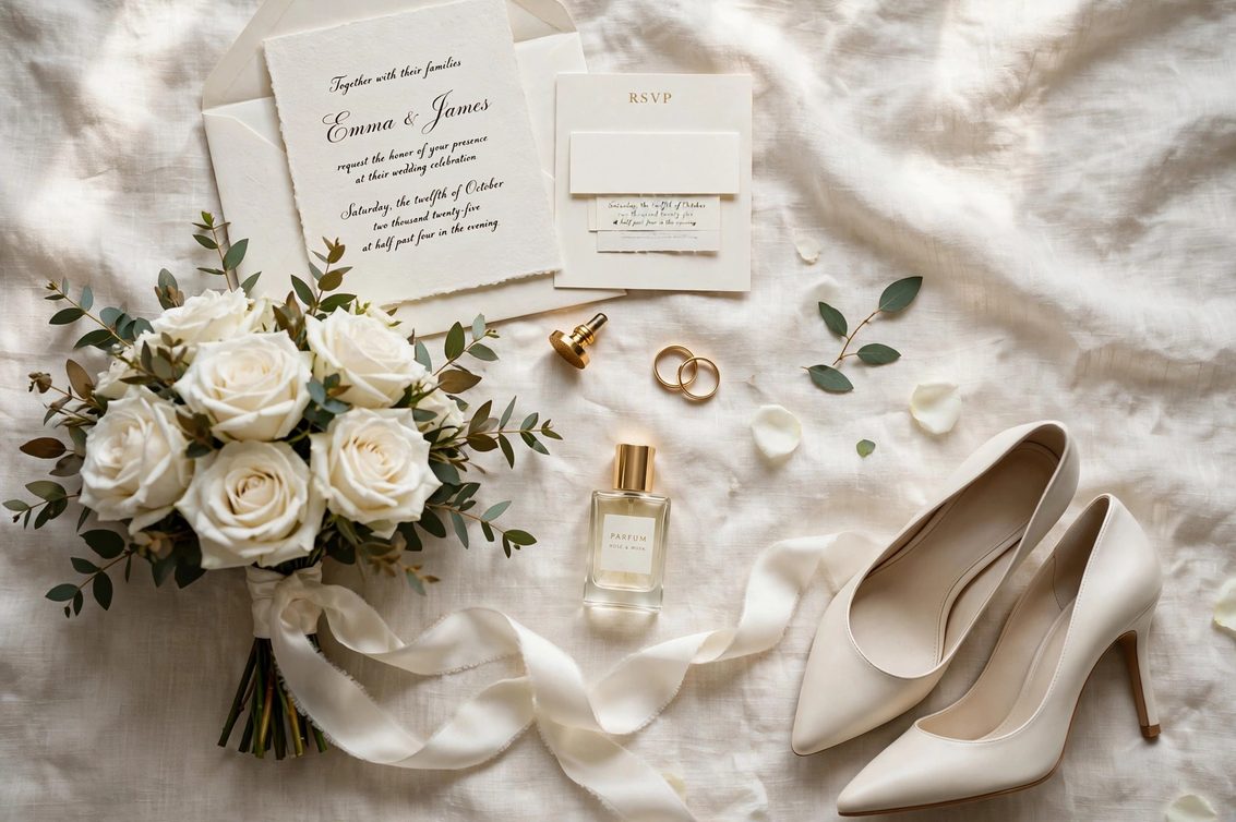 Flat lay of wedding morning essentials: invitation suite, white rose bouquet, rings, perfume and ivory heels