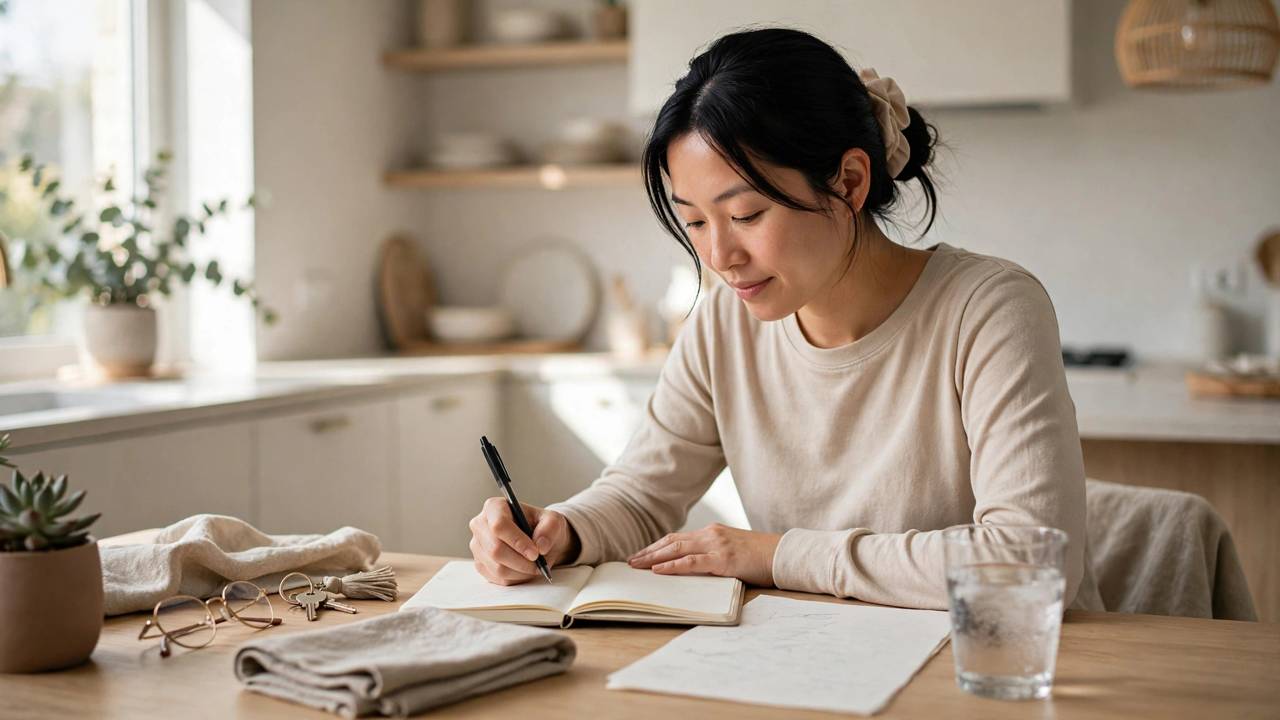 Woman in modest loungewear journaling at a bright kitchen table with water and a written morning plan