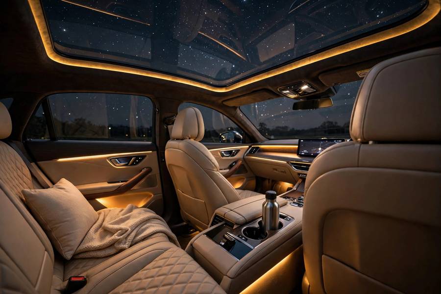 Night cabin ambiance in most comfortable luxury cars for long drives