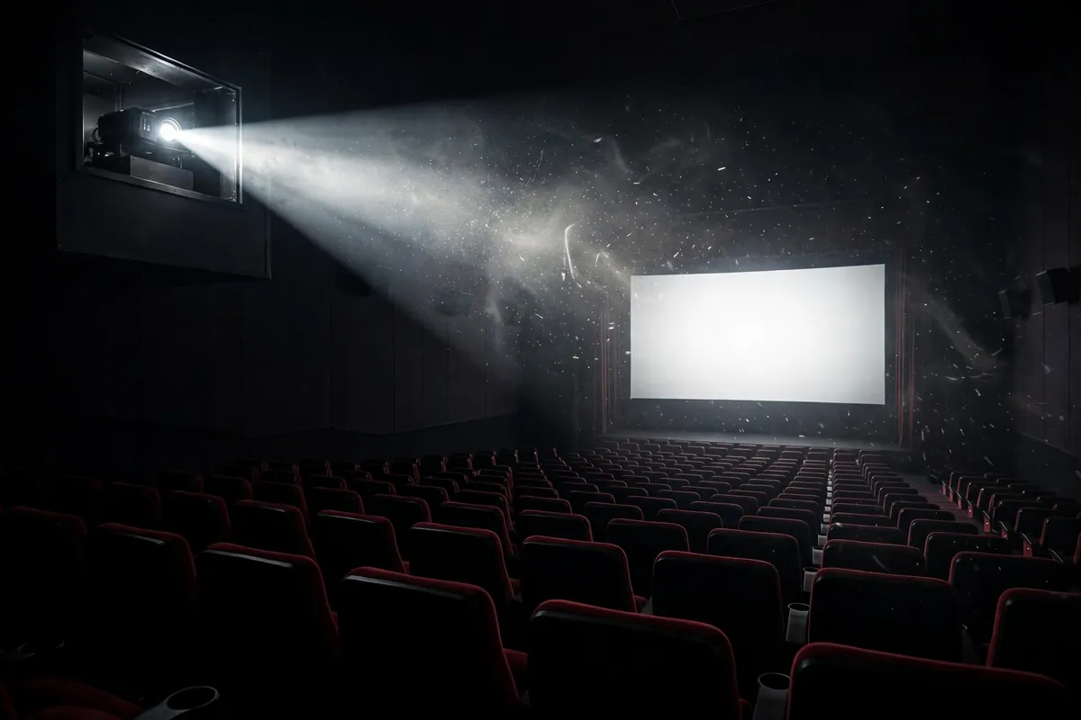 Cinema projector beam shining over empty theater seats toward the screen