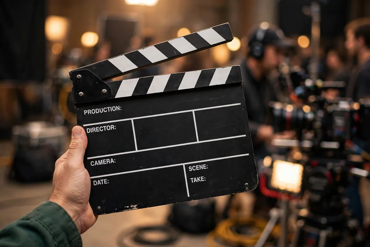 Clapperboard held up on a film set before a take