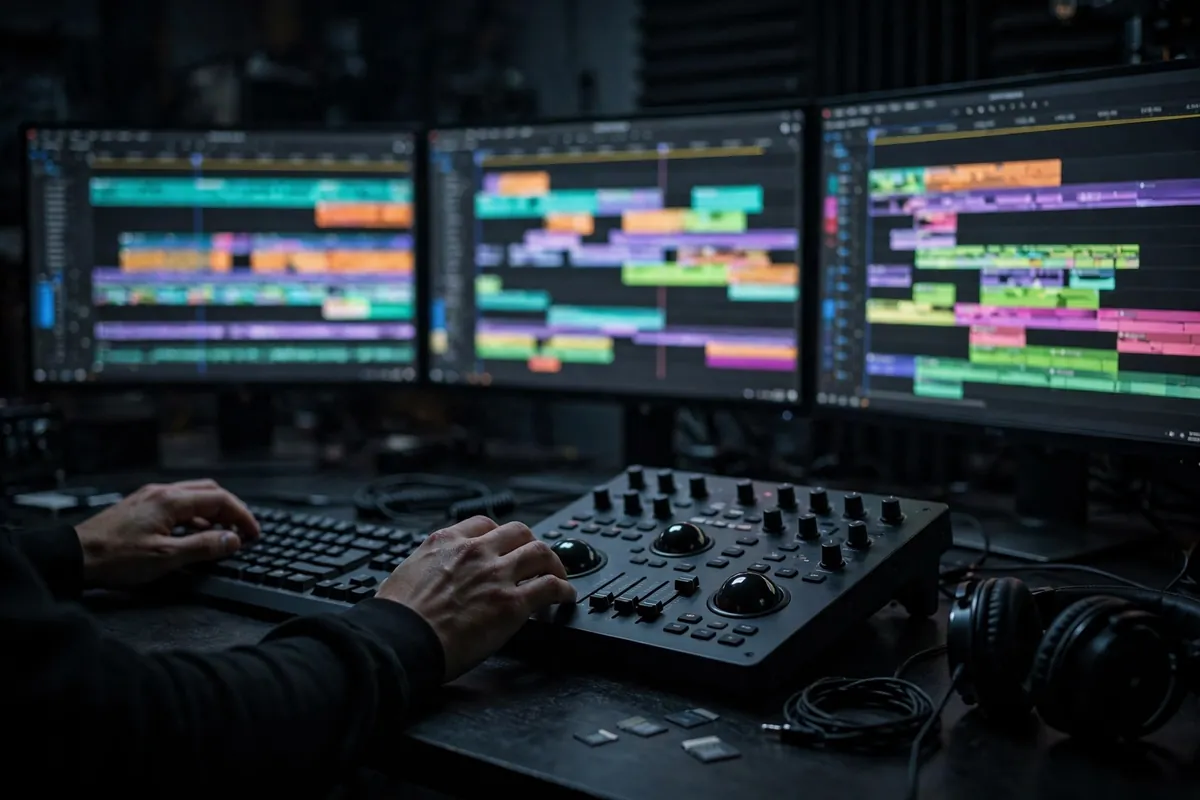 Film editor working on a movie timeline across multiple monitors in a dark editing suite