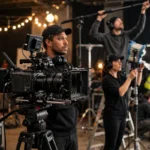 How Are Movies Made? The Complete Filmmaking Process Film director and camera crew shooting a scene on a professional movie set