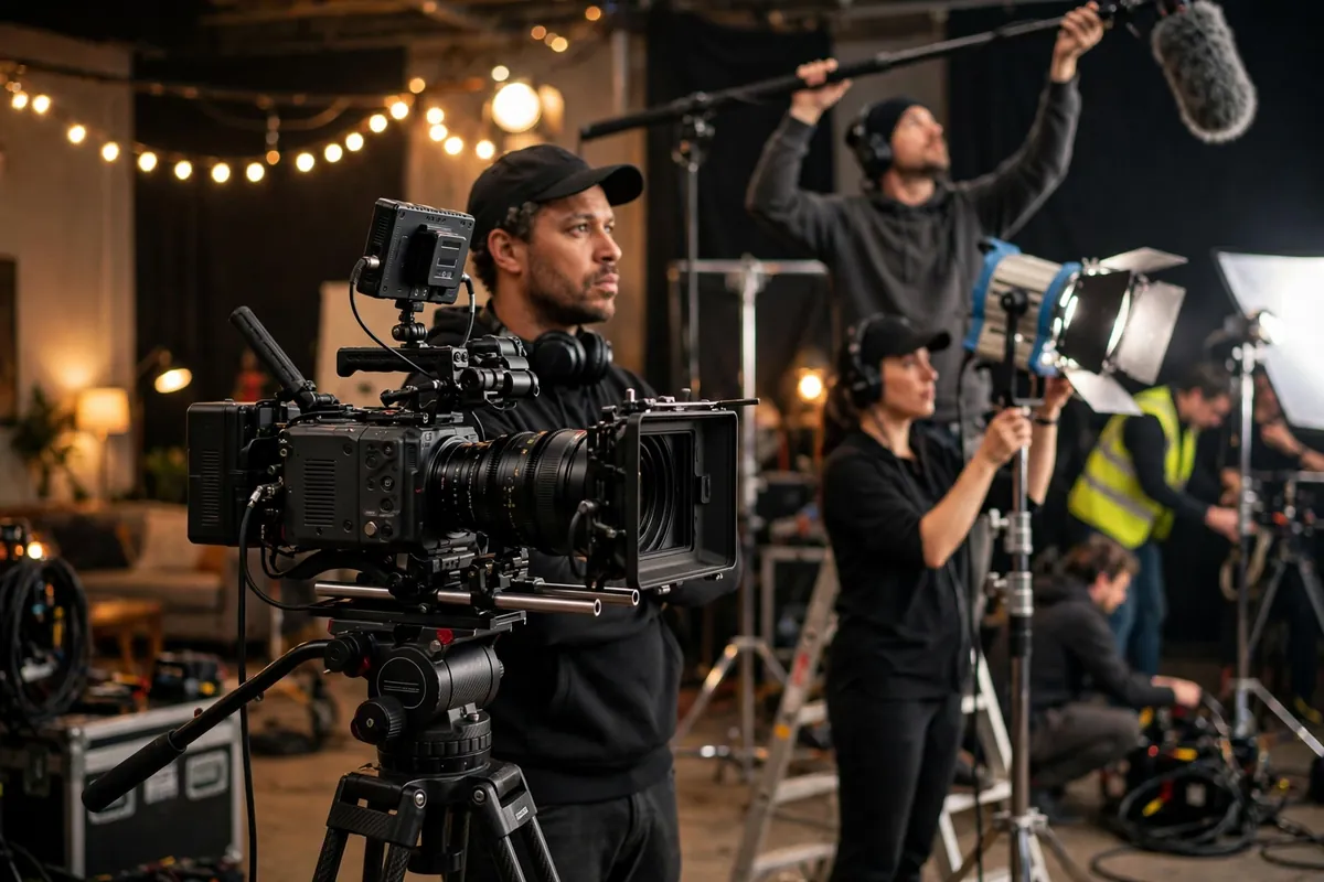 Film director and camera crew shooting a scene on a professional movie set