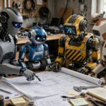 Multi-Agent Collaboration: How AI Agents Work Together Multiple AI agents collaborating around blueprints like an engineering team