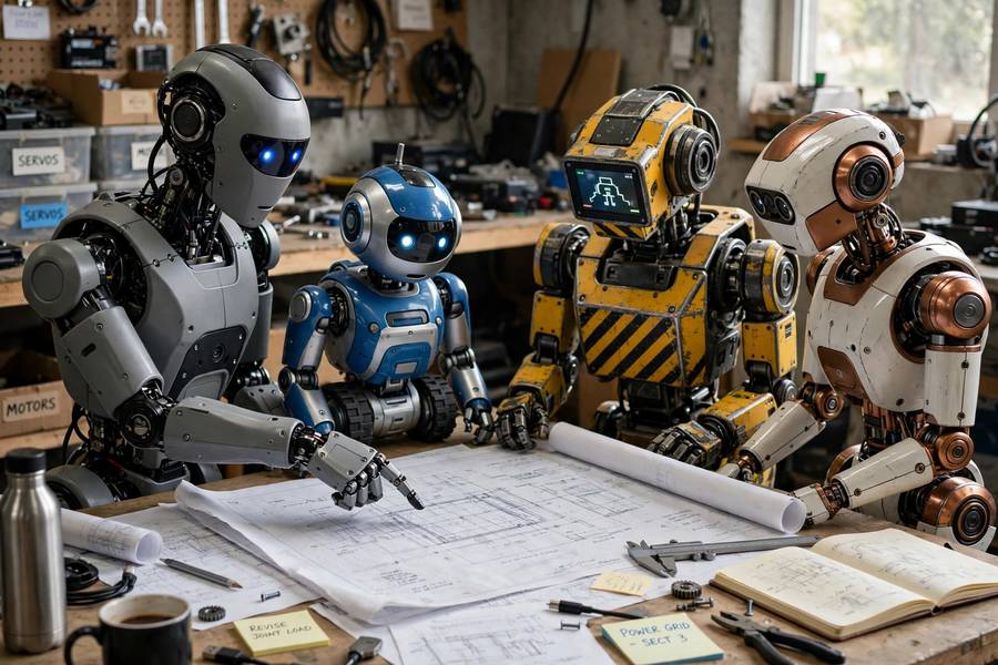 Multiple AI agents collaborating around blueprints like an engineering team