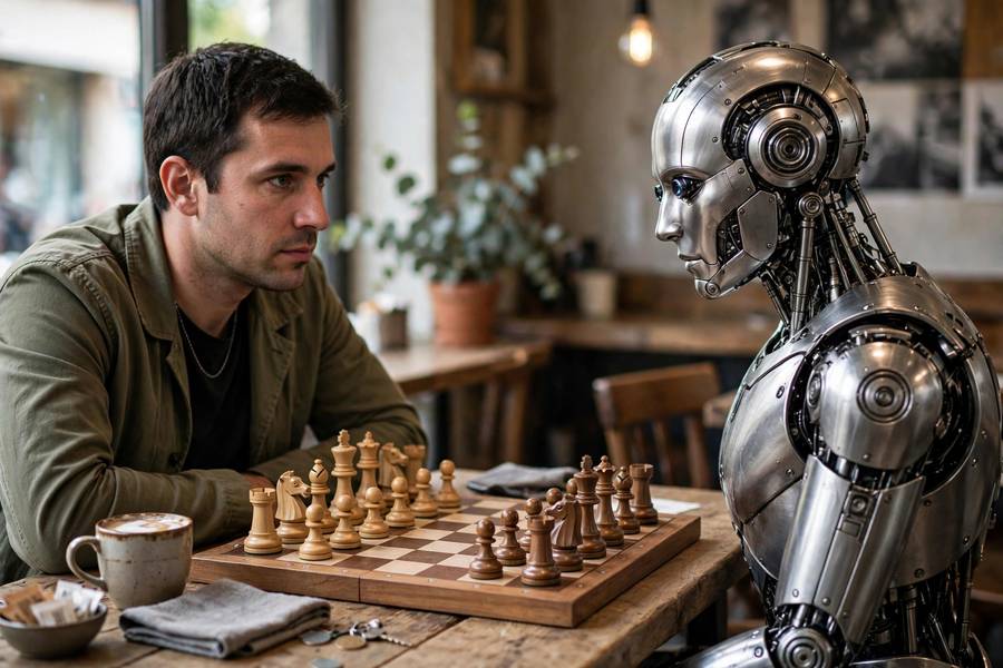 Two AI agents debating strategy like chess players facing off