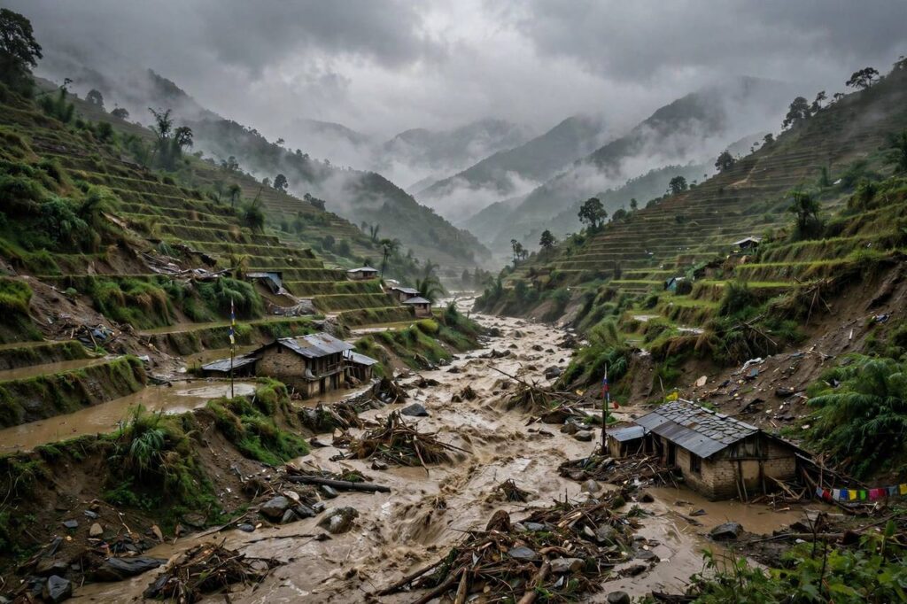 Flooded mountain valley in Nepal with debris-filled river