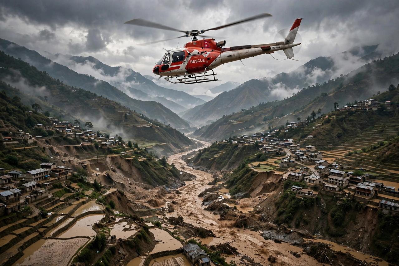 Rescue helicopter over flood-affected mountain villages in Nepal