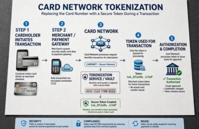 Diagram showing a card network replacing a card number with a secure token