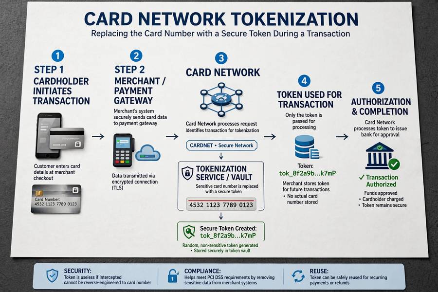 Diagram showing a card network replacing a card number with a secure token