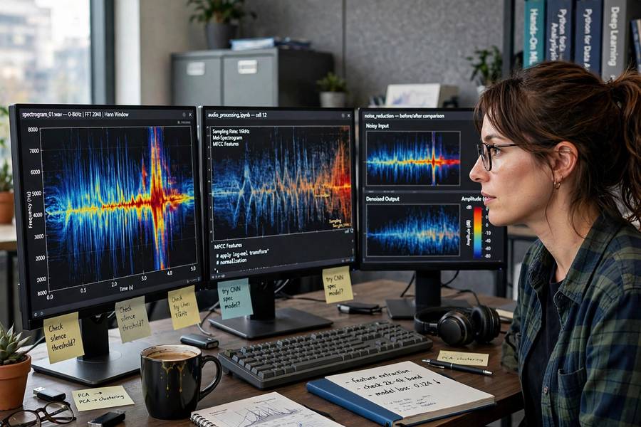 Data scientist analyzing spectrograms used in neural text to speech training