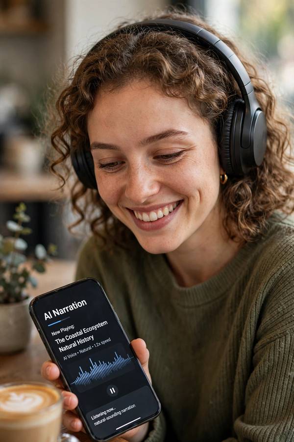 Listener enjoying natural AI narration produced by neural text to speech