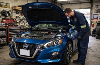 Nissan sedan in a repair shop with the hood open for transmission inspection