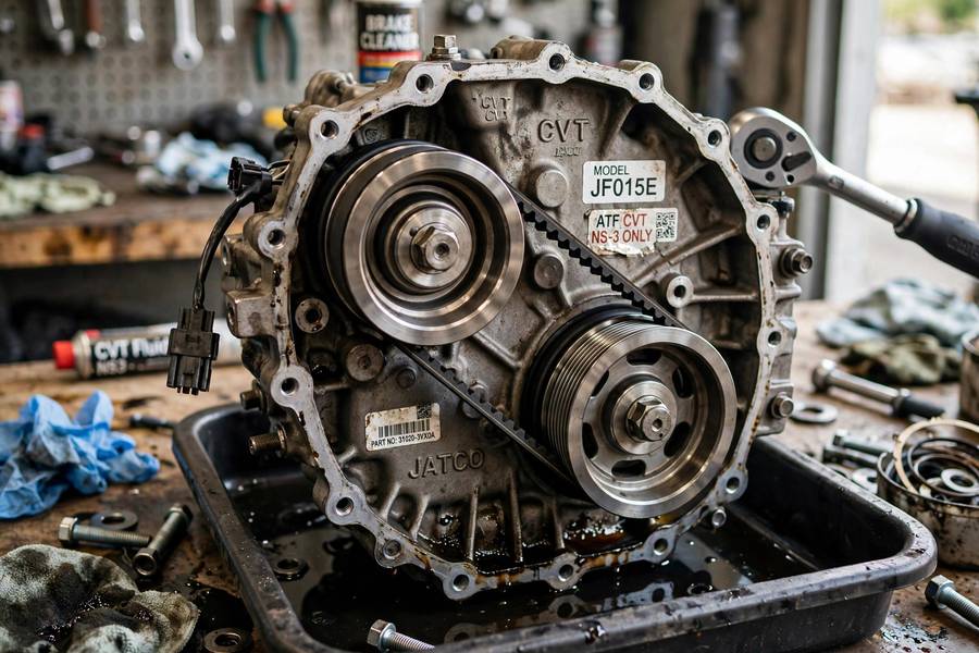 Close-up of a removed CVT transmission unit on a workshop bench