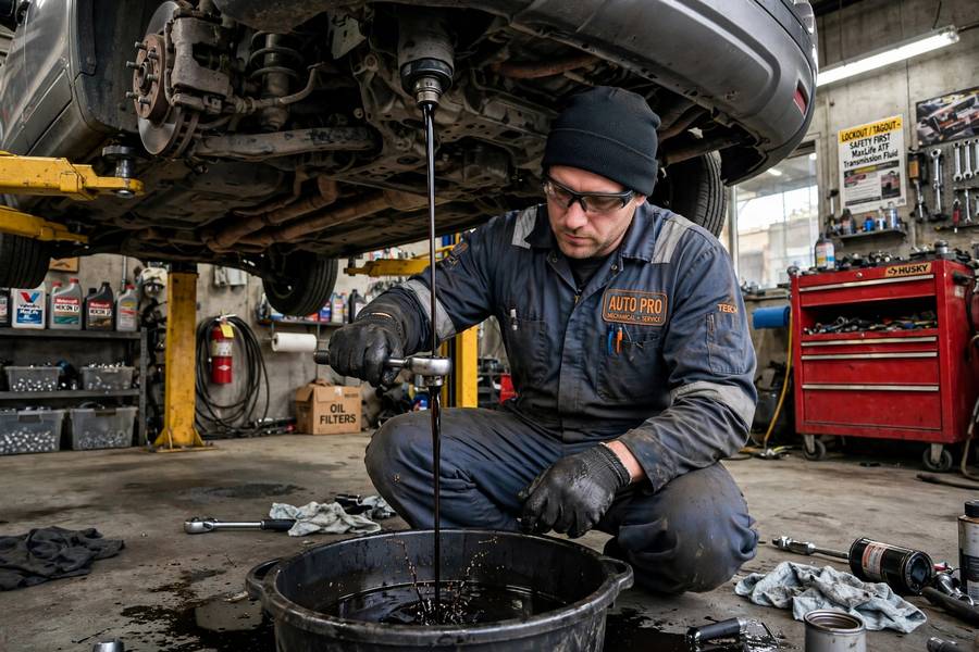 Mechanic draining dark transmission fluid from a car raised on a lift