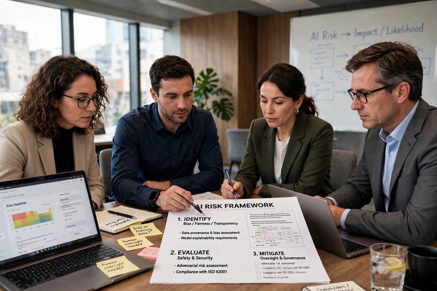 Team reviewing the NIST AI framework document in a meeting