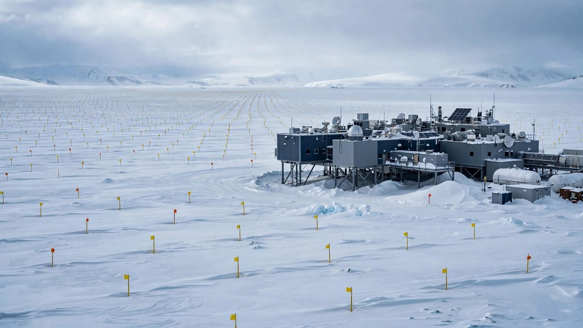 wide landscape of the Antarctic research station with IceCube array markers