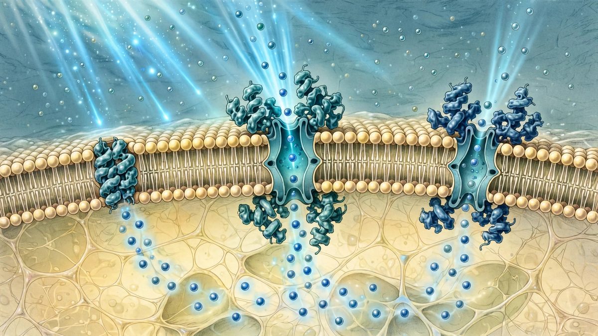 scientific illustration of light-gated ion channels in a neuron
